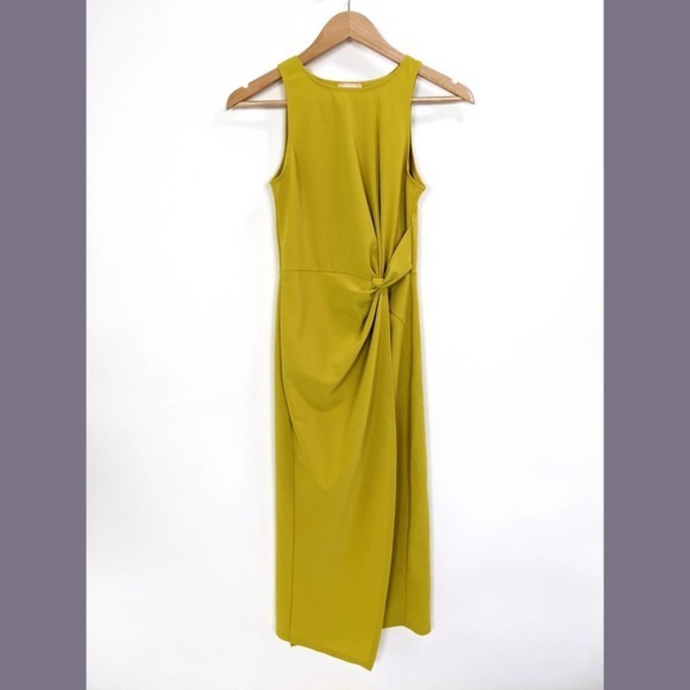 Love...Ady Jewel Neck Solid Knot Side Wrap Sleeveless Tank Dress Mustard Yellow
